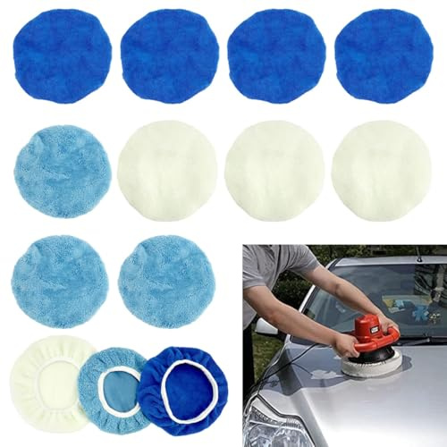 Aililong Juego de 10 almohadillas de pulido de 180-200 mm para coche, moto, reutilizables, con lana, microfibra y fieltro coral para facilitar el pulido y la limpieza