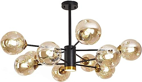 BFFGKGL Lustre à Bulles de Verre en grappe de Branches Spoutnik de Luxe Moderne, plafonnier LED Noir, Gris fumé, Verre ambré, Suspension Industrielle pour Cuisine, Salle à Manger, Salon