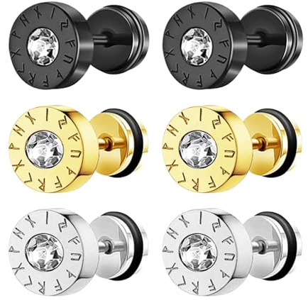 Flongo Pendientes vikingos falsos dilatadores: 3 pares de pendientes de brújula de runa nórdica de acero inoxidable esmaltado con circonitas cúbicas falsas perforadas túnel, tornillos sin agujero,