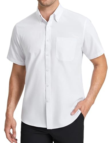 HISDERN Camisa Oxford Hombre Manga Corta Formales con Bolsillo Camisas Vestir Verano de Trabajo Hombre Ajuste Regular
