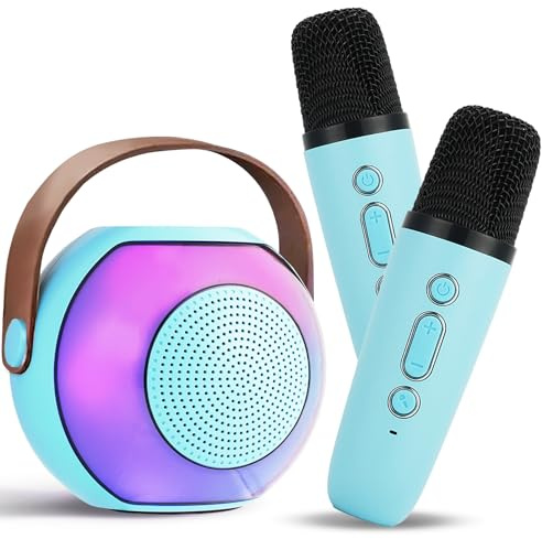 Aplsinvivi Mini Karaoke Machine, Portable Bluetooth Speaker with 2 Wireless Microphone, Microphone with 5 Voice Changing Effects & LED Light, Gifts for Girls Ages 4-12 +Year Old Birthday Party, Blue