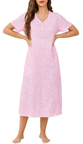 Lovasy Women's Long Cotton Nightdresses with Pockets, Pink Lace, M
