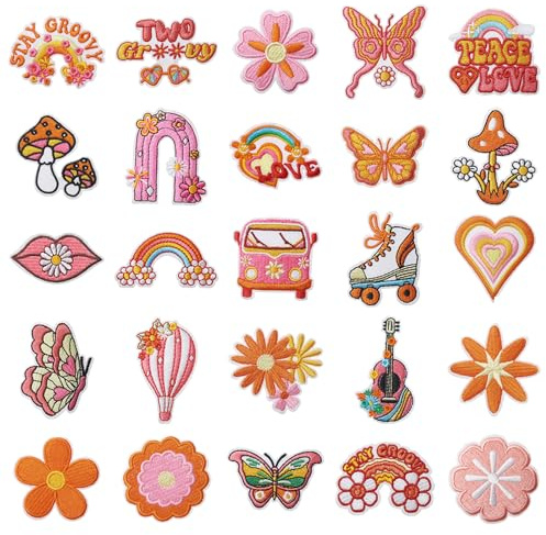 25 pièces Hippie Patchs thermocollants Boho Signes de paix Broderie Patchs thermocollants pour textiles Écussons à repasser pour vêtements Patchs à repasser pour sac à dos, veste, jeans, chemise et