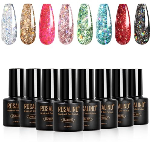 ROSALIND Smalto Semipermanente Glitterato, 8 Colori Glitter Argento Oro Rosa Verde Blu Rosso Nero Smalti Semipermanenti per Unghie, Soak Off Mini UV/LED Brillantini Smalto Gel Unghie Manicure