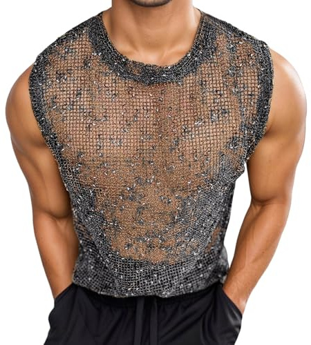 Caxndycing Canotta da uomo in rete trasparente, a maniche corte, in maglia fine, sexy, in mesh, trasparente, con scollo tondo, sottoveste gay, sissy, intimo, abbigliamento da club, Nero , S