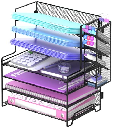 ReePlan 7-Tier Desk Organizer – Metal Letter Tray with 4 Flat & 3 Angled Shelves, A4 Paper & Document Holder with Removable Pen Holder, Space-Saving Office Organizer, Black