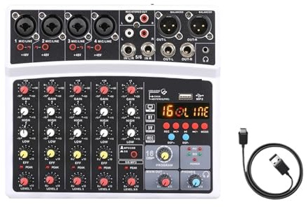 6-kanals Ljudmixer Portabel Mixerkonsol USB-gränssnitt Ljudkort Med 16 Echo 48V Phantom Power(Black)