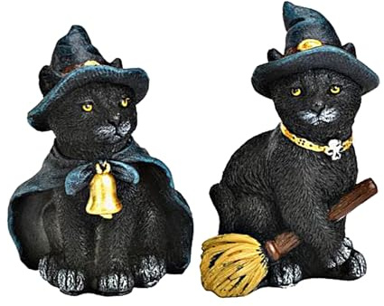 Logbuch-Verlag Witch Cats Set of 2 Black Poly 6 cm - Halloween Figures with Hat & Broom Mini Decoration for Table, Shelf & Window