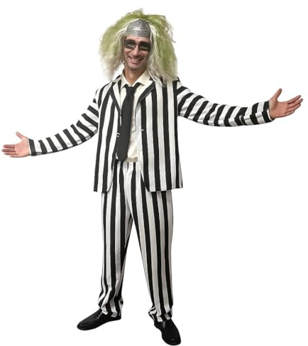 SoWest Men’s Black & White Striped Suit Costume – Adult Horror Fancy Dress Outfit with Jacket, Trousers & Wig | Halloween Comedy Ghost Character Cosplay for Adults - 3XL