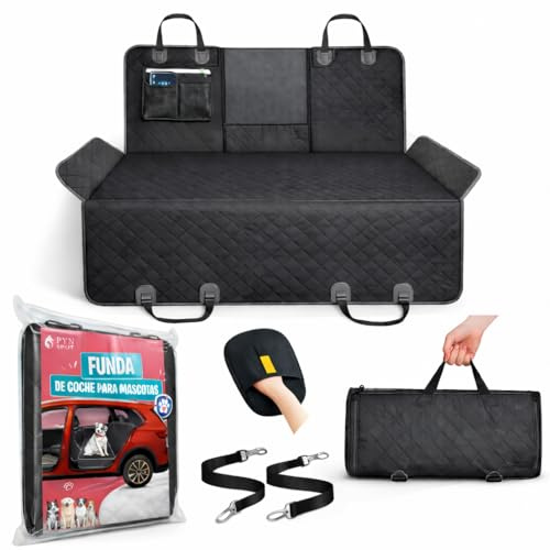 PYN Spot® Funda Coche Perro Asiento Trasero Impermeable 600D Antideslizante | Protector para Mascotas con Ventana de Malla, Solapas Laterales y Ajuste Universal