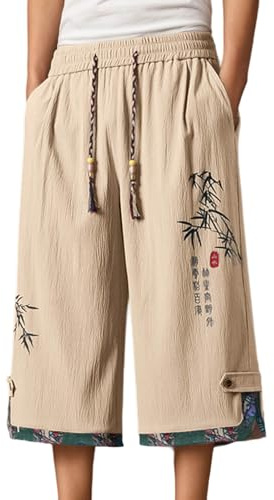 Pantalon Japonais Homme Baggy 3/4 Pantalon Court Taro pour Hommes en Lin Vêtements Kimonos Traditionnels Japonais avec Cordon de Serrage Pantacourt Décontracté Ample Short Bermudas Coton Court
