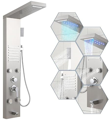 Joparri Duschpanel med kran, 5 funktioner duschpanel, justerbara massagemunstycken, utrustade med PVC-explosionssäker slang, väggduschpanel multifunktionell duschpelare, rostfritt stål