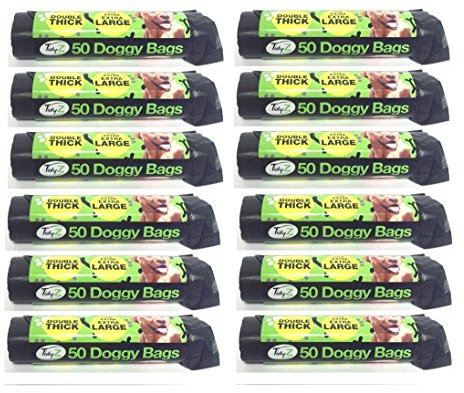 Roll of 50 Extra Strong TidyZ Black Doggy Waste Bags Dog Cat Rabbit With Tie Handle 32cm x 38cm (Pack of 12 - 600)