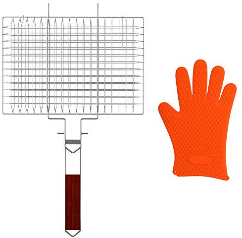 Ezi – Grill BBQ Grilling Basket Large Portable Heavy Duty Non Stick Stainless Steel Rack – Comes with Bonus Heat Resistant Glove