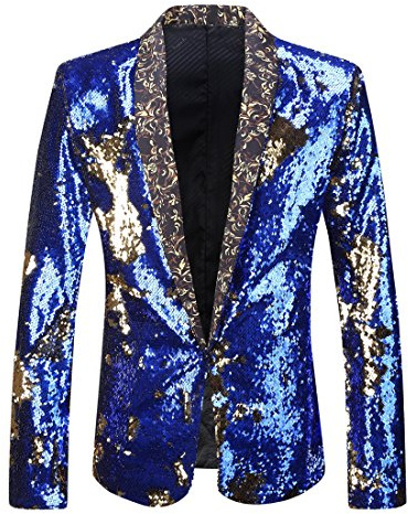 PYJTRL Men Stylish Two Color Conversion Shiny Sequins Blazer Suit Jacket (Royal Blue + Gold, L/42R)