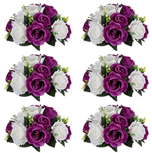 Nuptio, 6 Pack Fake Flowers with 15 Plastic Roses with Base, Suitable for Wedding Centerpieces Party Valentine's Day Home Decor (Purple and White)