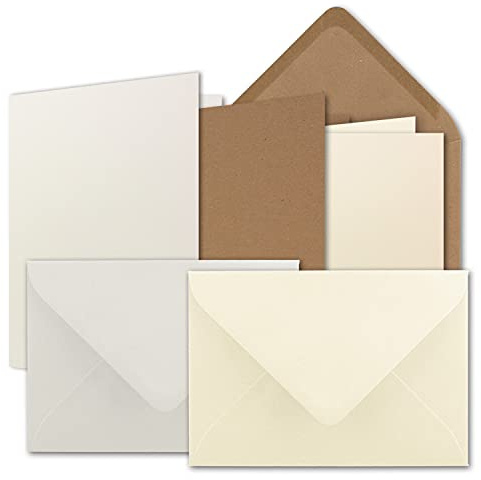 Set di 45 biglietti formato DIN B6, bianco naturale, vaniglia, carta kraft marrone, biglietti pieghevoli con buste, 3 colori, 12 x 17 cm e buste, 12,5 x 17,5 cm