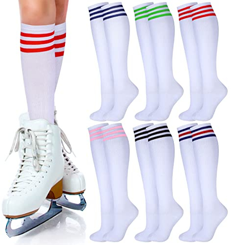 Unittype 6 pares de calcetines altos hasta la rodilla, para mujer, con triple rayas, para patinaje, calcetines calentadores de piernas para uso diario, cosplay, reuniones deportivas, regalos de