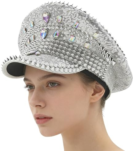 UTOWO Glitter Sequin Bride Hat Bachelorette Hen Party Captain Caps Rhinestone Hen Do Hat Steampunk Military Hat for Women (as1, alpha, one_size, Standard, Silver)