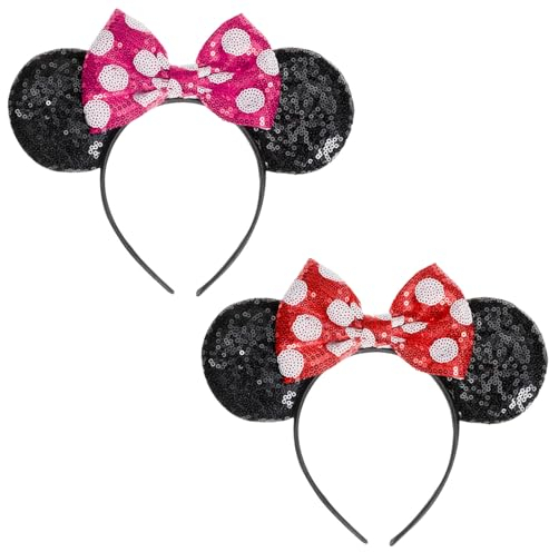 EUPSIIU 2 Pieces Mouse Ears Headband, Sparkly Bow Mouse Ears Headwear for Adult Kids, Shiny Cosplay Party Headband for Girls Women, Fancy Dress Costume Head Band Christmas (2 Colours)
