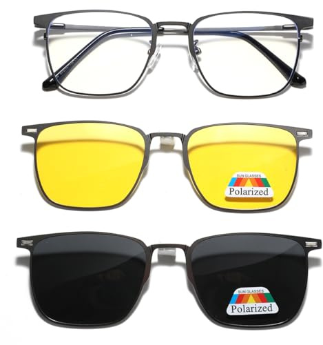 LIGOES Clip magnétique en métal sur lunettes de soleil polarisées jaunes lunettes de soleil de conduite multifonctionnelles, Cadre gris
