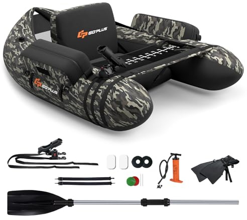 GOPLUS Bateau Pêche Gonflable, Float Tube Tissu Polyester avec Support de Canne Peches, Dossier, Sangles Réglables, Pompe, Règle à Poisson, Poches Rangement, Pagaie, Capacité 150KG (Camouflage)