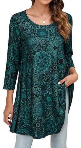 Enmain Womens Tunic Tops 3/4 Long Sleeve Ladies Tunics Loose Casual Tunic Top for Leggings Round Neck Paisley Blouses Shirt Turquoise 5XL