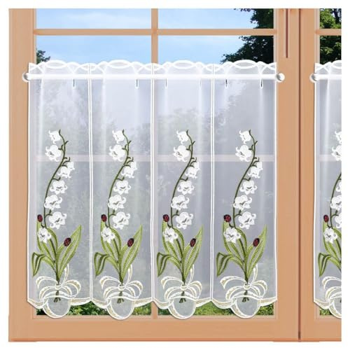 Kurzgardine Maienzeit mit Marienkäfern Echte Plauener Spitze Scheibengardine Frühling mit Maiglöckchen 50 x 80 cm