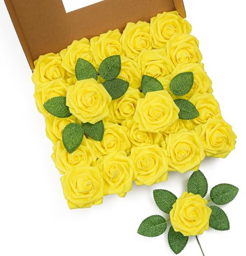 LEUCHTAMOR 25 rose artificiali gialle, rose finte in schiuma realistiche al tatto per bouquet da sposa, centrotavola, composizioni floreali, feste, decorazioni per la casa