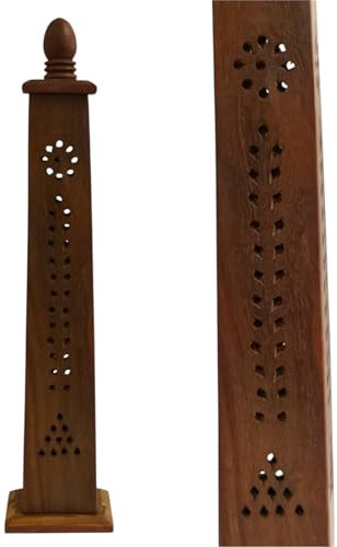 Rushant Wooden Incense Holder, Dark Brown Pyramid Tower with Ash Catcher, Sheesham Wood, 31x6.5x5.5 cm, for Cone and Stick Incense (Brown Jali Tower)