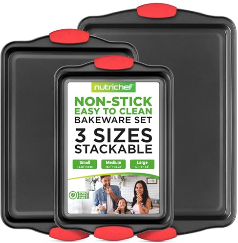 NutriChef Baking Tray Set 3 Piece Non Stick Baking Trays for Oven Carbon Steel Baking Sheets Small Medium Large Oven Trays with Silicone Handles Stackable Bakeware for Cookies Cakes Roasting