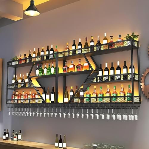 Zanefoo Wandweinregal Metall Mit LED-Beleuchtung & Modulare Weinflaschenhalterung | Modernes Weinlager Für Homebar, Küche, Gastronomie | Robuste Halterung + Einfache Montage (Inkl. Dübel) (black, 2m)