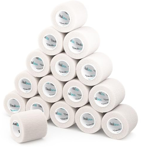 Healbox Venda Cohesiva 5 cm x 4,5 m Color Blanco – Caja de 16 para Cinta para Medias de Fútbol, Venda Veterinaria y Cinta para Empuñadura