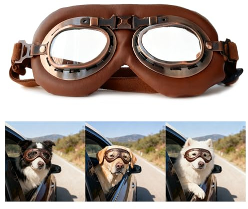 BaiMoure Retro Dog Goggles (Clear Lenses) - Foldable Pet Sunglasses, Soft Leather Padding, Windproof UV Protection Eye Glasses with Adjustable Strap for Medium Dogs