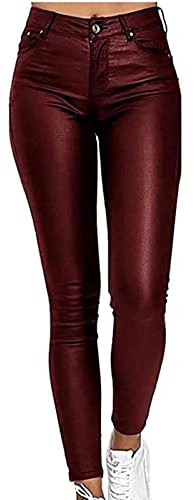 Dambyxor I Äkta, Skinny Slim-fit Läderbyxor, Leggings I Konstläder, Push-up Läderleggings Med Hög Midja, Tajta Hellånga Läderleggings(Red wine,XL)