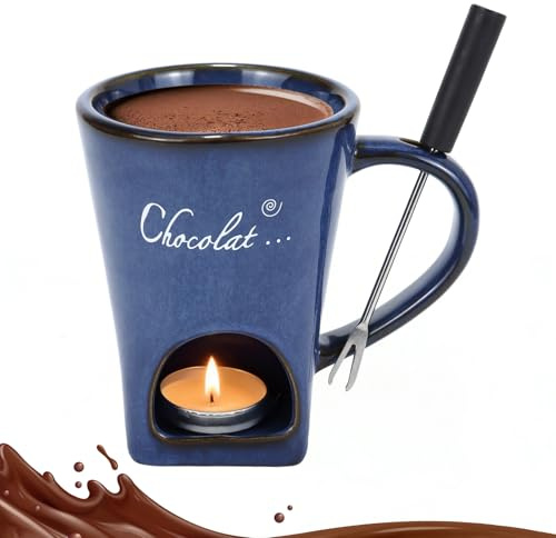 sudatong Taza de fondue de chocolate, 130 ml, de cerámica, para fondue de chocolate, juego de vasos con tenedor, juego de fondue de chocolate multiusos para chocolate, queso, mantequilla, caramelo