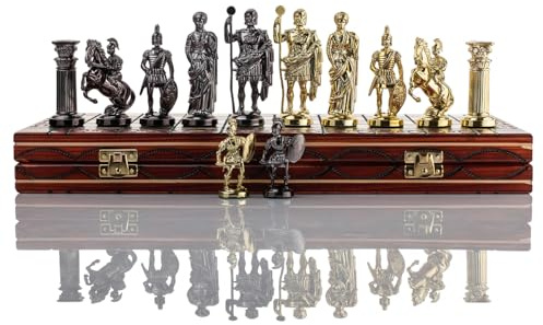 CHROME SPARTAN Chess Set 16 Wooden Chess Board with Ornaments and Weighted Chrome Plastic Pieces (Spartan Gold)