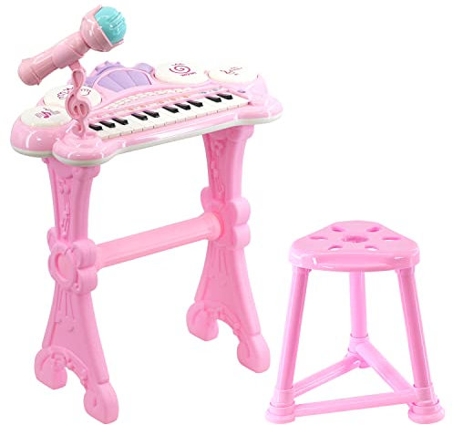 Kids Electronic Keyboard Organ Piano With Lights 24 Keys Drums Microphone & Stool Toy