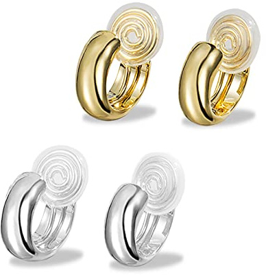 Aros Pendiente Falso 2 pares de pendientes de aro, pendientes falsos para niñas y mujeres, pendientes de aro sin perforación, plata y oro