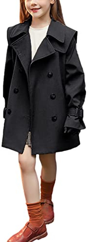 amropi Filles Trench-Coat Coton Automne Veste Single Breasted Trench Manteau (Noir-2, 8-10 Ans)