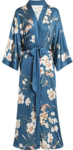 Aensso Long Soft Lightweight Silky Kimonos Robes for Women, Luxury Japanese Floral Womens Kimono Robe (Indigo)