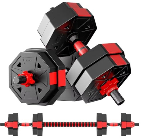 BCBIG Justerbart hantelset på 15 kg, hantlar åttakantig form 2-i-1 hantelset och skivstångsset med anslutningsduk, ej hjul för styrketräning, fitness, hem, gym