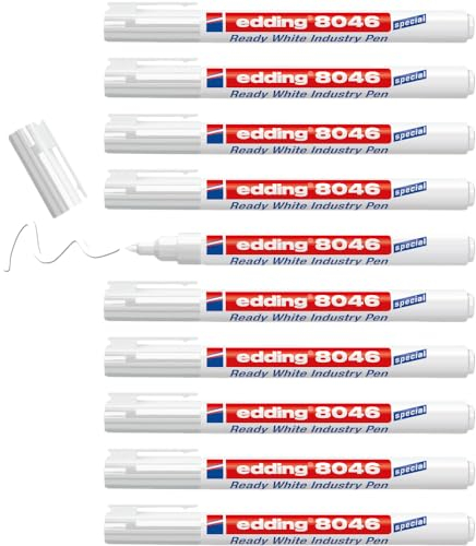 edding 8046 Ready white industry pen - weiß - 10 Stifte - Rundspitze 1-3 mm - weißer Permanentmarker zur Markierung und Beschriftung von Metall, Glas, Stein oder Kunststoff - permanent & wischfest