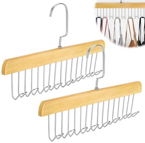 2 Stück Holz Kleiderbügel Mit 8 Haken - 360° Drehbarer Platzsparender Krawattenhalter Gürtelbügel Aus Holz - Multifunktionaler Gürtelaufhänger für Schals, Krawatten, Gürtel, Socken