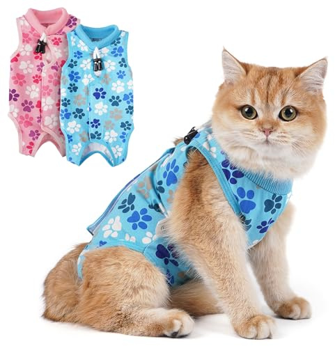 COZYDOODZ Cat Recovery Suit – Soft, Breathable Onesie for Female & Male Pets After Surgery, Spay, Neuter or Wounds, Surgery Outfit, Cone Alternative, Litter Access, Machine Washable, Blue Paw Print