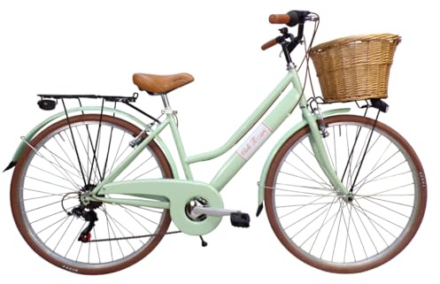 Cicli Tessari - bicicletta da donna bici da città city bike da passeggio 28'' con cambio vintage retro' cesto in vimini (verde)