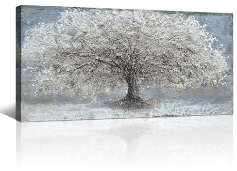 FajerminArt Framed Wall Art Canvas Prints, Large Abstract Sliver & Gray Tree Canvas Wall Art Paintings Pictures for Living Room Bedroom Home Wall Decoration Artwork Ready To Hang 20x40(50cmx100cm)