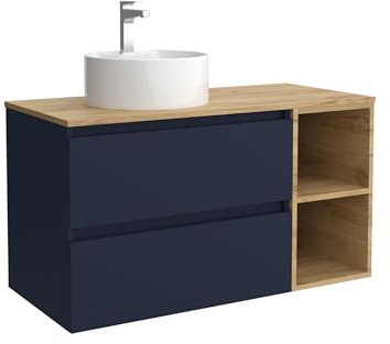 Salgar Mueble de Baño Bequia 90cm + Coqueta 2 Huecos Lado Reversible + Encimera + Lavabo posar| Azul Mate/Roble |90x45x56