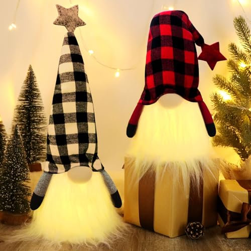 Vautvis Gnomo Muñecos de Navidad 2 Piezas, Decoraciones de Gnomos Navideños, Figuras de Duende Enano de Navidad Gonk, Muñecos De Navidad Decoracion con Luces, Adorno de Mesa navideño