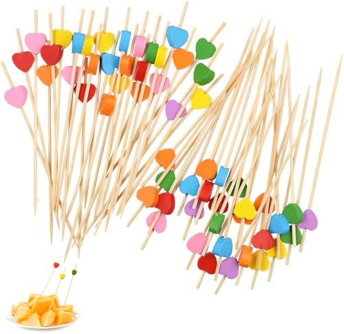 QOWIJEX 100 Piezas Brochetas De Snacks, Brochetas De Frutas Decorativas En Forma De Corazón, Brochetas De Cóctel, Palillos De Cóctel, Brochetas De Amor(Colorido)
